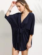 Shein Navy V Neck Tie Waist Batwing Beach Dress