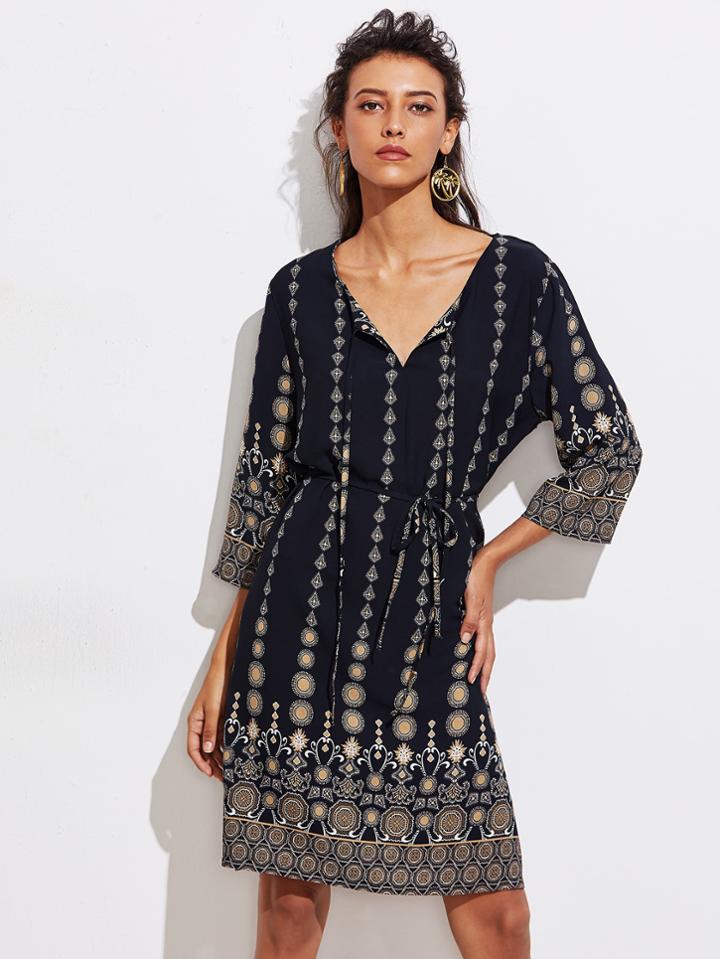 Shein Tribal Print V Neckline Tie Waist Dress