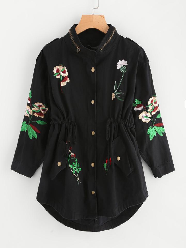 Shein Botanical Embroidered Curved Drawstring Utility Jacket