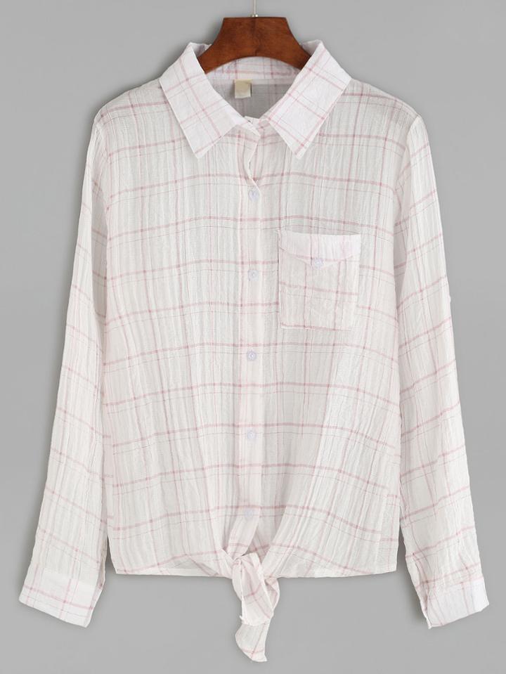 Shein Plaid Knotted Blouse With Pocket