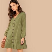 Shein Button Front V-neck Ruffle Hem Dress