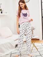 Shein Cat Print Top & Drawstring Pants Pj Set