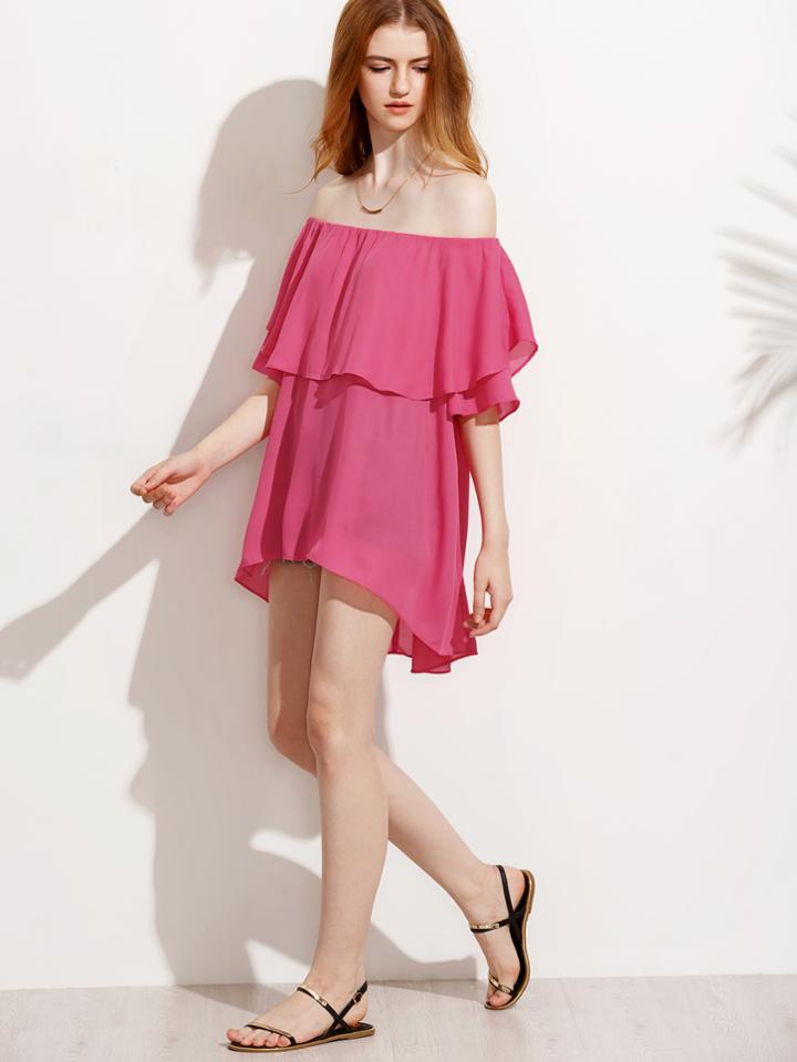 Shein Hot Pink Off The Shoulder Dip Hem Blouse