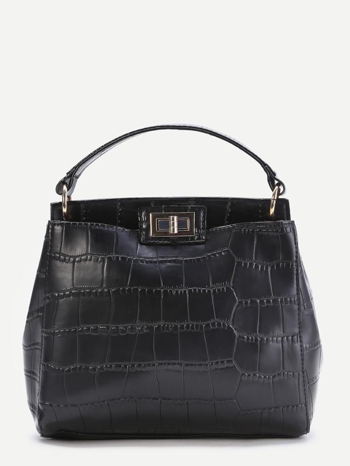 Shein Black Crocodile Embossed Twist Lock Tote Bag