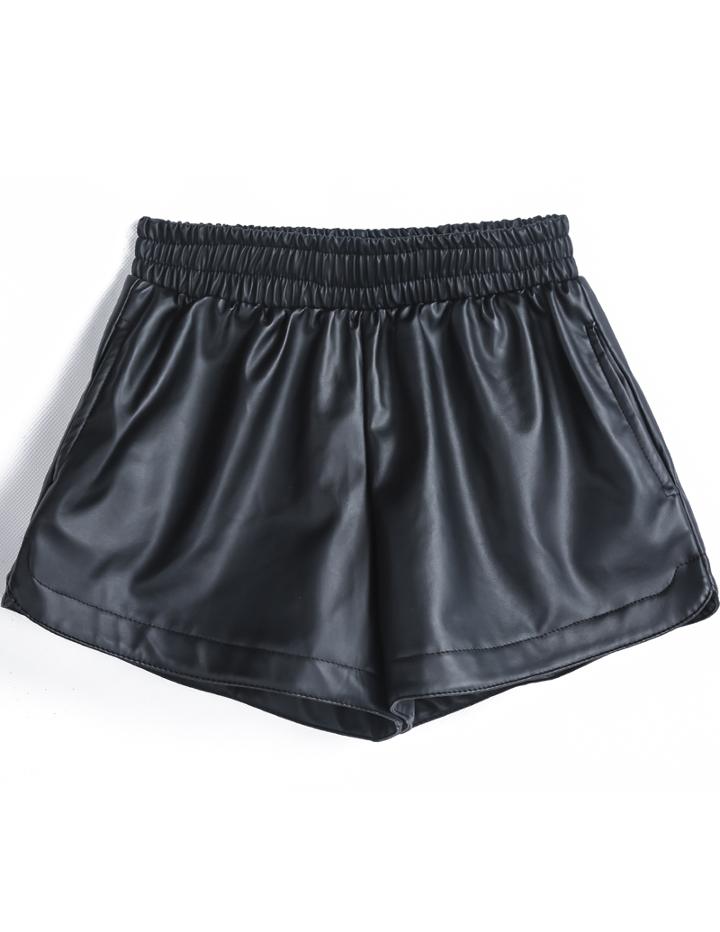 Shein Black Elastic Waist Pu Leather Shorts