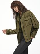 Shein Olive Green Belted Cuff Frayed Trim Hidden Zip Jacket