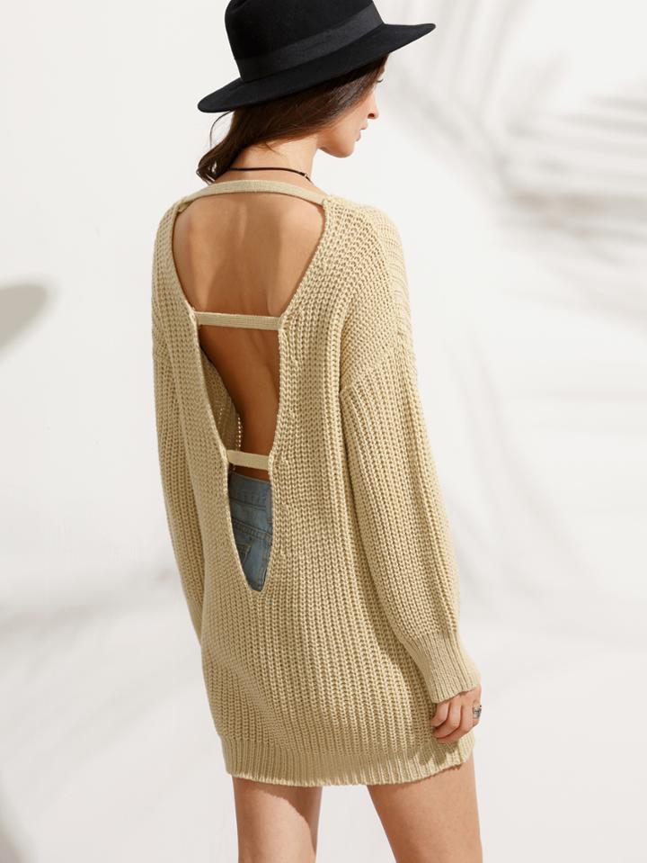 Shein Apricot Cut Out Back Long Sleeve Sweater