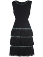 Shein Black Ruffle Pleated Embroidered A-line Dress