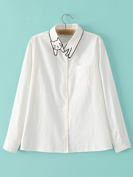 Shein White Lapel Long Sleeve Cat Embroidery Pocket Blouse