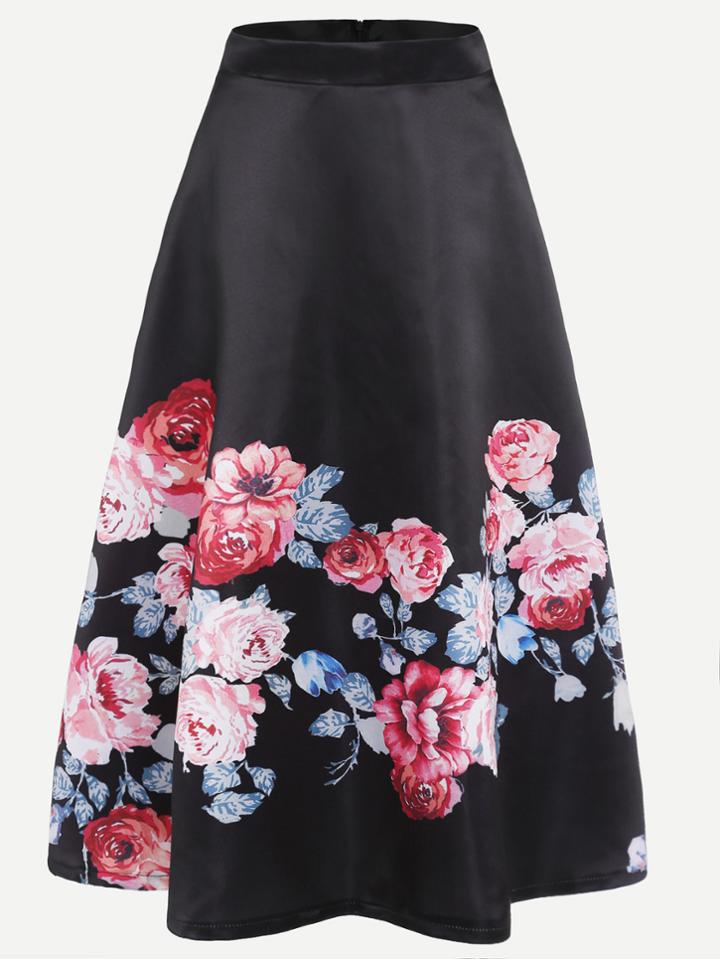 Shein Black Floral Print Zipper Back A-line Skirt