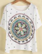 Shein White Short Sleeve Vintage Floral Loose T-shirt