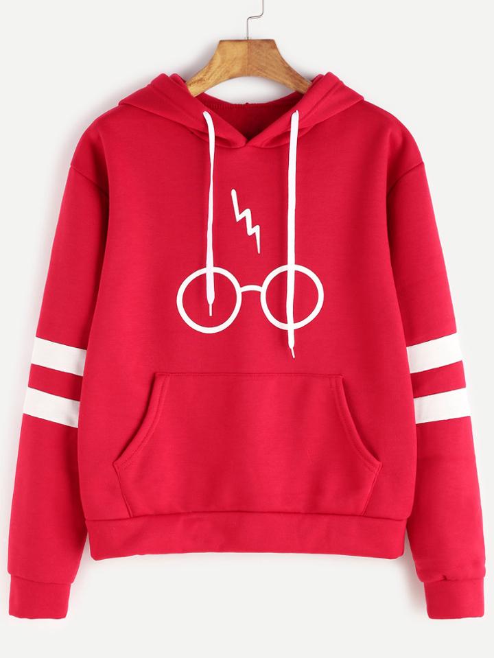 Shein Red Hooded Glasses Print Striped Sleeve Sweatshirt