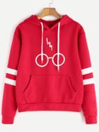 Shein Red Hooded Glasses Print Striped Sleeve Sweatshirt