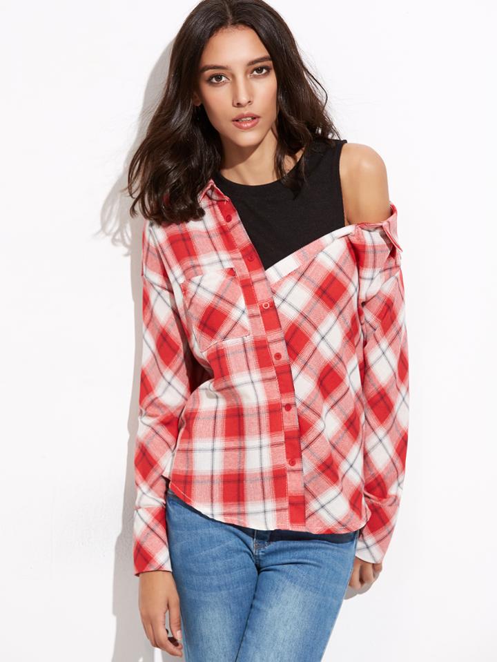 Shein Plaid Contrast Open Shoulder Button Front Top