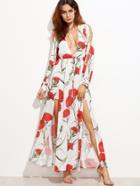 Shein White Flower Print Plunge Neck Split Dress