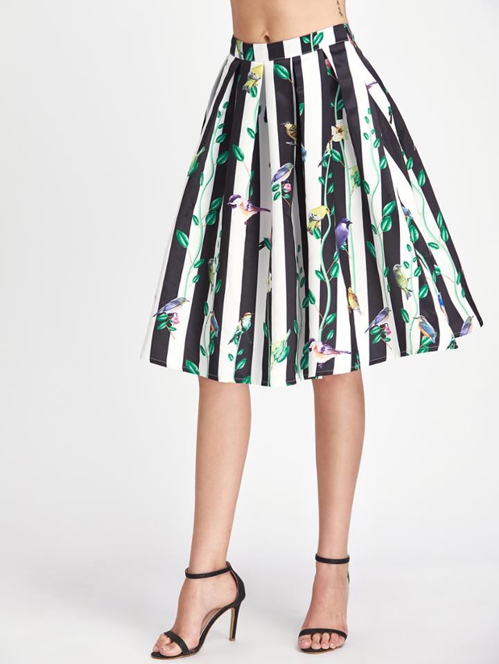 Shein Box Pleated Floral And Striped Flare Skirt
