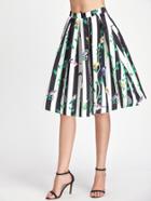 Shein Box Pleated Floral And Striped Flare Skirt