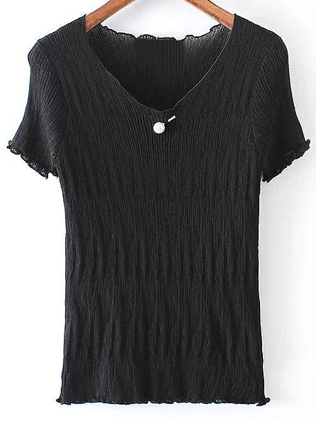 Shein Black V Neck Pearl Ruched Knitted Short Sleeve Blouse
