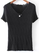 Shein Black V Neck Pearl Ruched Knitted Short Sleeve Blouse
