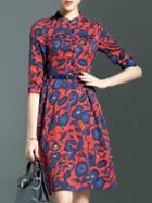 Shein Red Crew Neck Belted Print Dress
