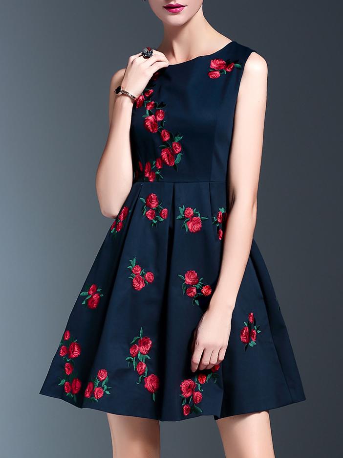 Shein Navy Flowers Embroidered A-line Dress
