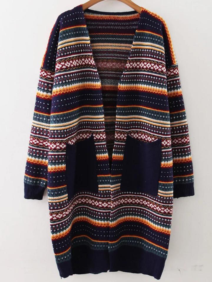 Shein Navy Tribal Pattern Front Pocket Drop Shoulder Sweater Coat