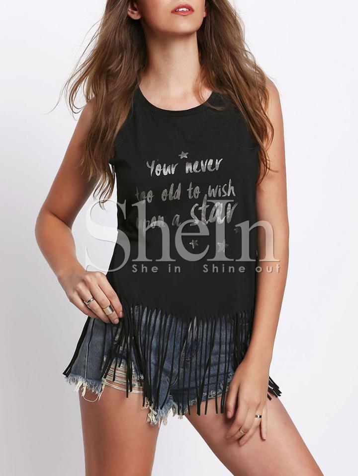 Shein Black Round Neck Letter Print Tassel Tank Top