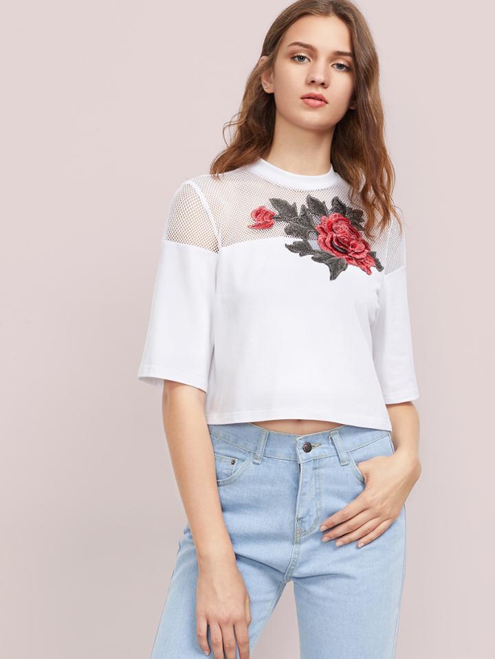 Shein Fishnet Yoke 3d Rose Patch T-shirt