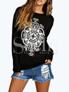 Shein Black Long Sleeve Pattern Print Sweatshirt
