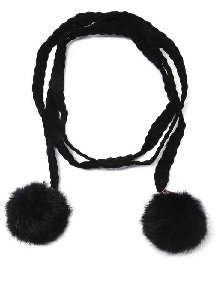 Shein Black Braided Double Pom Pom Skinny Wrap Belt