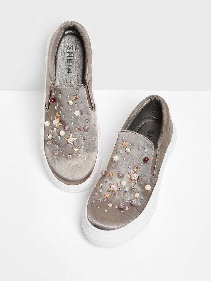Shein Faux Pearl Satin Slip On Sneakers