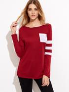 Shein Burgundy Asymmetric Striped Sleeve T-shirt With Pocket