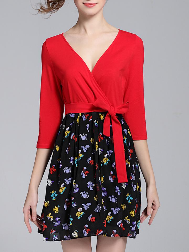 Shein Red V Neck Tie-waist Floral Dress