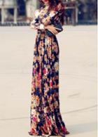 Rosewe Elegant Floral Design Chiffon Maxi Dress