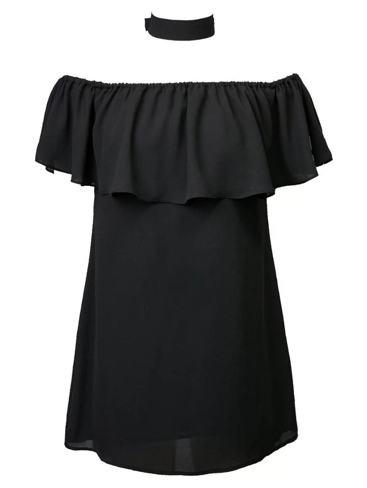 Shein Black Self-tie Bow Ruffle Boat Neck Blouse