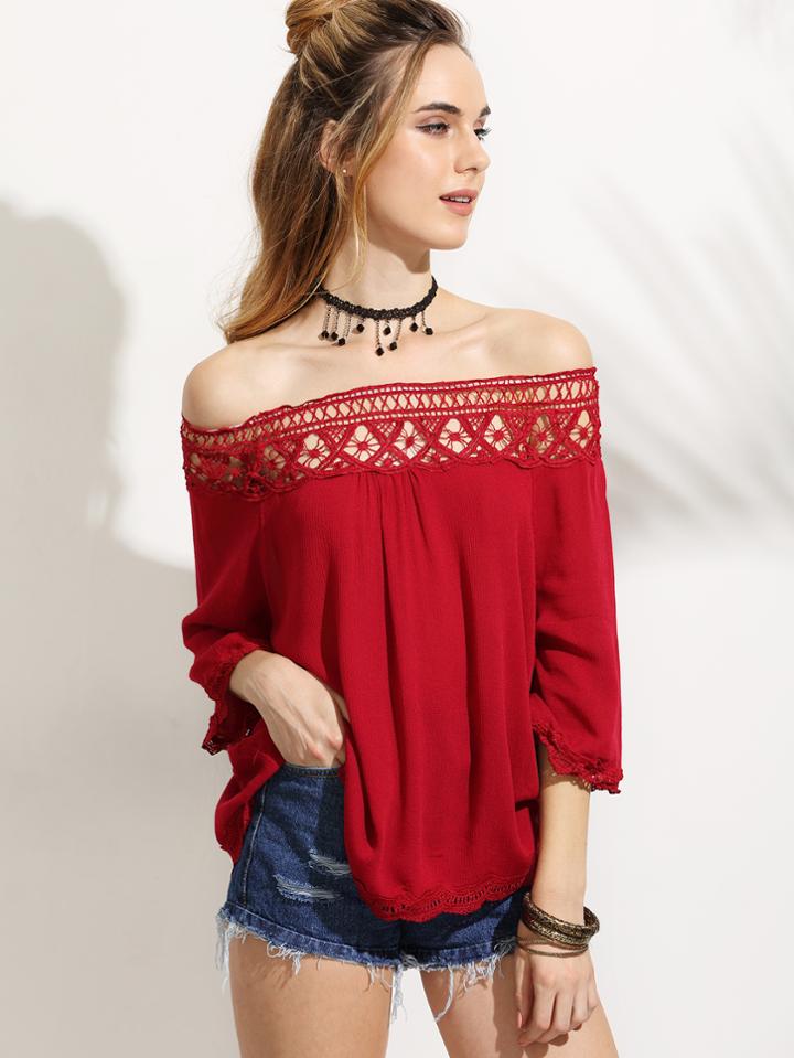 Shein Bardot Lace Crochet Insert Trim Top