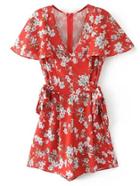 Shein Bell Sleeve Floral Print Knot Waist Playsuit