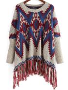 Shein Colour Round Neck Tribal Print Tassel Sweater