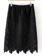 Shein Black Elastic Waist Leaves Pattern Lace Skirt