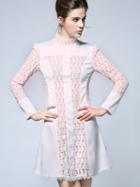 Shein White Stand Collar Long Sleeve Contrast Lace Dress