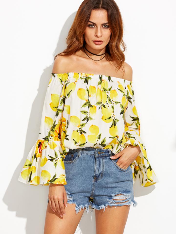 Shein White Lemon Print Off The Shoulder Bell Sleeve Blouse