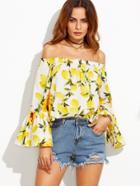 Shein White Lemon Print Off The Shoulder Bell Sleeve Blouse