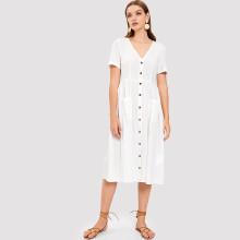 Shein Pocket & Button Front V-neck Plain Dress
