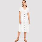Shein Pocket & Button Front V-neck Plain Dress