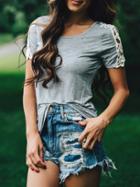 Shein Grey Round Neck Lace Shoulder Loose T-shirt