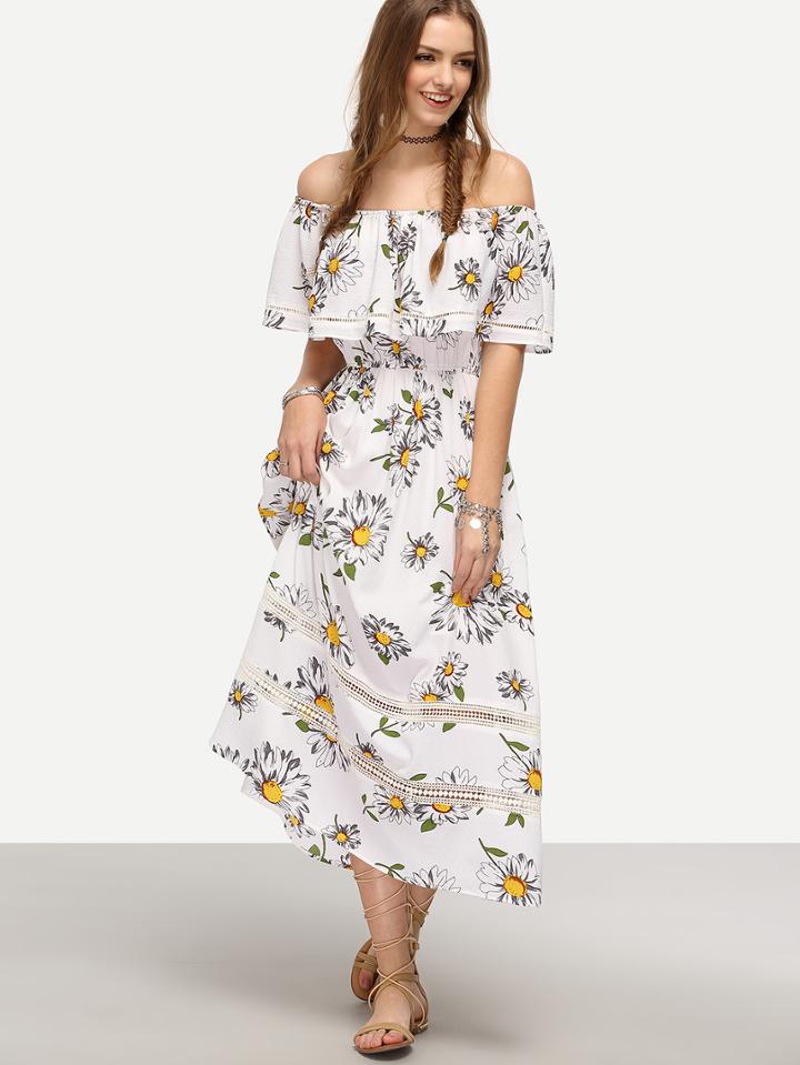 Shein White Off The Shoulder Flower Print Maxi Dress
