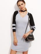 Shein Heather Grey Contrast Striped Sleeve Sheath Dress