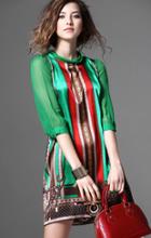 Shein Green Tie-neck Vintage Floral Rockabilly Peasant Slim Iridescent Dress
