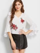 Shein Cutout Back Frill Sleeve Rose Patch Top