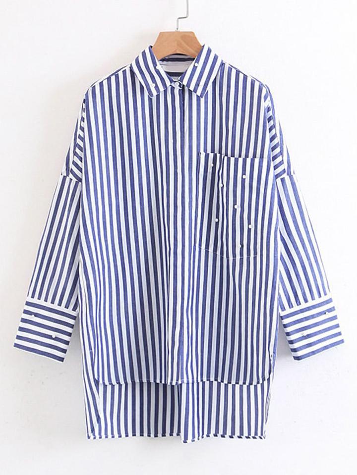 Shein Faux Pearl Detail High Low Striped Blouse